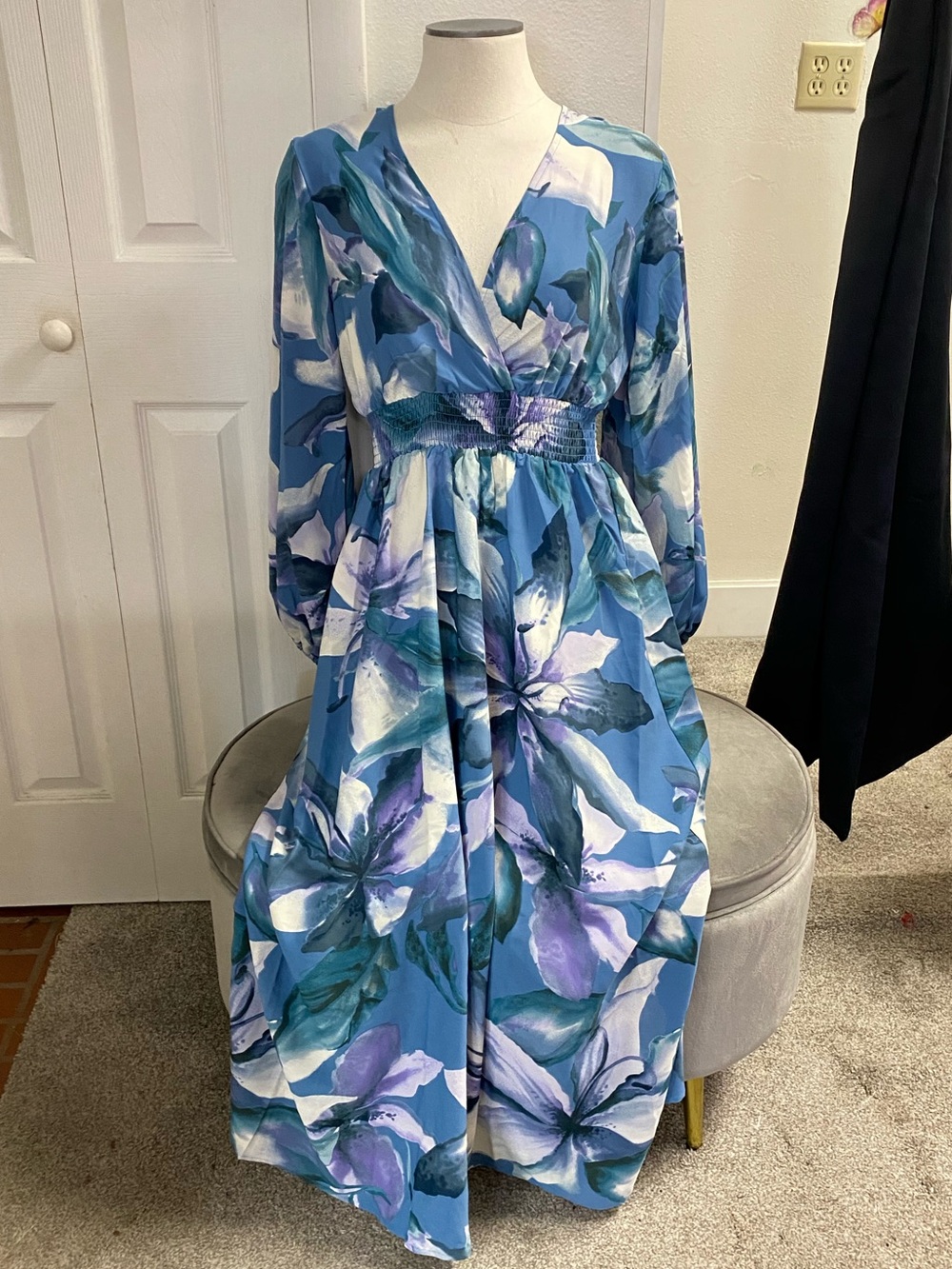 Blue Floral Long-Sleeve V-Neck Maxi Dress with Smocked Waist